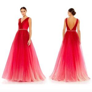 MAC DUGGAL Beaded Belt Wrap Over Sleeveless Ballgown in Red Ombre Size US 6